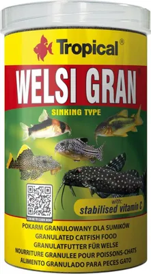 A cylindrical container of fish food with images of catfish on it.