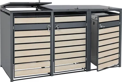 Produktbild von 3er Mülltonnenverkleidung HWC-J81, Mülltonnenbox, erweiterbar, Metall 82kg, anthrazit Buche-Holzoptik hellbraun