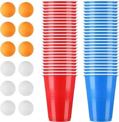 Imagen del producto de Vasos de plástico de 10 oz, paquete de 50 unidades, que incluye 12 pelotas de ping-pong, ideales para festivales