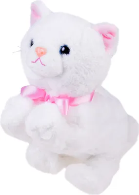 A white stuffed cat with a pink bow around its neck, sitting with its paws together.