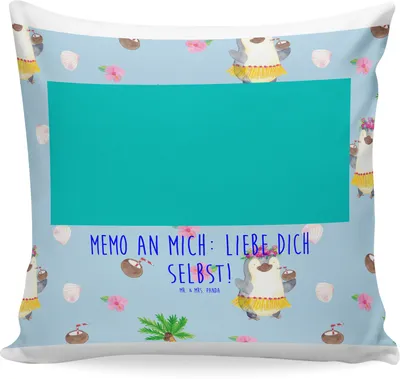Produktbild von Mr. & Mrs. Panda Kuschel Kissen Pinguin Kokosnuss - Blau - Geschenk, Urlaub, Erholt, 40x40, Polster, Dekokissen, Kuschelkissen, für sofa, Hawaii
