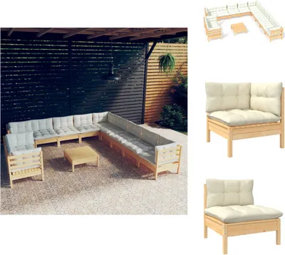 Produktbild von vidaXL 12-tlg. Garten-Lounge-Set mit Creme Kissen Massivholz Kiefer -  Gartenmöbel-Sets