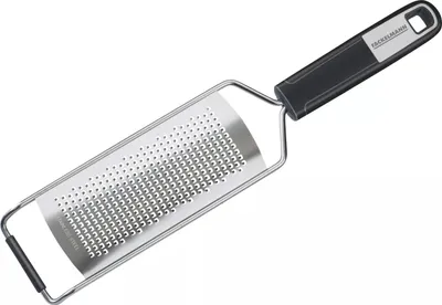 Produktbild von FACKELMANN Handreibe fein 30 cm SENSE mit scharfer, feiner Reibefläche, inkl. Klingenschutz, Hobel mit rutschfestem Soft-Touch-Griff (Farbe: Silber/Schwarz)