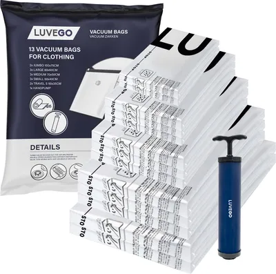 Produktbild von Vákuové vrecia na oblečenie a periny Luvego - 14 kusov / 5 veľkostí - cestovné vrecia Vákuové vrecia na skladovanie vrátane ručnej pumpy
