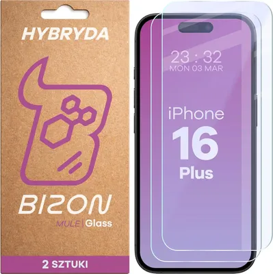 Produktbild von 2x Flexibles Hybridglas für iPhone 16 Plus, Bizon Glass Mule Duo