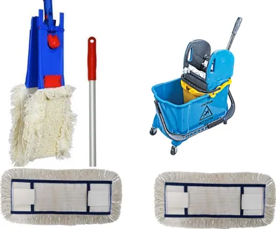 Produktbild von CleanSV® Wischset blau mit Schmutzfangeimer Laschenmop 40 cm, Reinigungswagen 1 x 18 Liter Eimer, Presse, 1 Laschenmop Halter, 3 x Laschenmop Baumwollmop, Teleskopstiehl