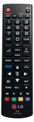 A black LG TV remote control is shown against a black background.