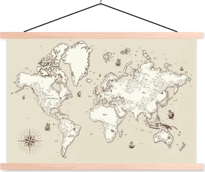 Produktbild von MuchoWow® Textilposter Weltkarte - Vintage - Antik 120x80 cm mit holzfarbenen Rahmen - Aufhängeset