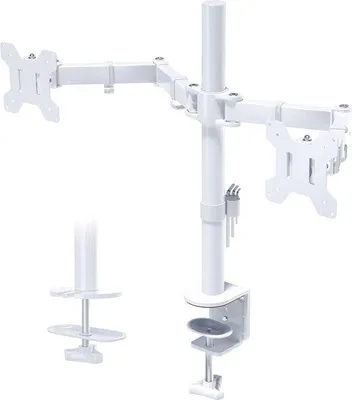 Image de Support d'écran ergonomique pour 2 moniteurs, 13 à 27 pouces, support pour deux moniteurs avec réglage en hauteur et fonction d'inclinaison à 90 degrés, VESA 75/100, blanc