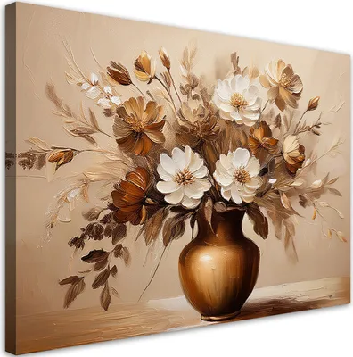 Image de Toile Bouquet de fleurs dans un vase sépia 120x80 Feeby Beige image pour le mur prête à accrocher