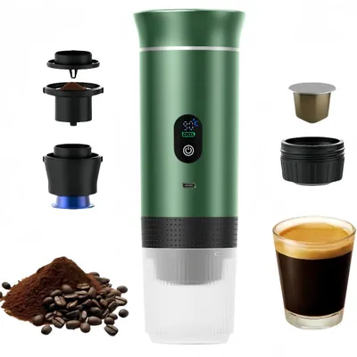 Tragbare Kaffeemaschine mit Digitalanzeige, 3-in-1 Elektrische Kaffeemaschine, mit Kapseln und gemahlenem Kaffee, zum Kaltbruehen und Aufwaermen(Grün)