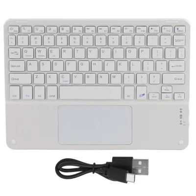 A white wireless Bluetooth keyboard with a built-in touchpad and a USB-C charging cable.