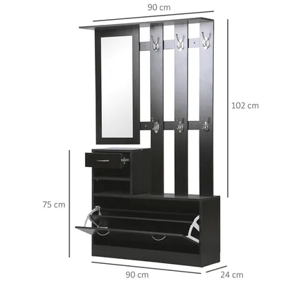 Image de HOMCOM Ensembles 3 en 1 de meuble d'entrée vestiaire avec panneau porte-manteau, miroir et banc à chaussures - 6 crochets et étagère réglable, noir