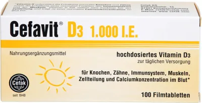 Produktbild von Cefavit D3 1,000 I.E. Tabletten für Knochen, Zähne, Immunsystem, Muskeln und Calciumkonzentration im Blut, 100 St. Tabletten