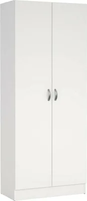 A white two-door wardrobe with silver handles.