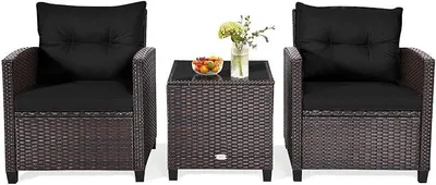 Produktbild von 3tlg. Balkonmöbel Set, Polyrattan Gartenmöbel Set, Terrassenmöbel Set mit 1 Tisch & 2 Stühlen, Lounge Set mit Kissen, Gartengarnitur Sitzgarnitur Sitzgruppe für Garten & Balkon (Schwarz)