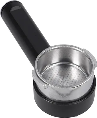 A close-up shot of a coffee machine portafilter and basket, isolated against a white background.