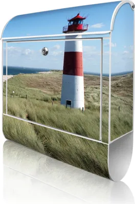 Produktbild von banjado Design Briefkasten Stahl weiß mit Zeitungsfach pulverbeschichtet "Leuchtturm" 38x46x12,5cm & 2 Schlüssel - Postkasten A4 Einwurf inkl. Montagematerial [BKW 10082]