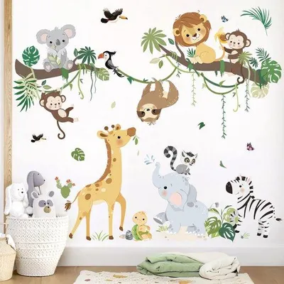 Productafbeelding van Unyqoos® Jungle-wanddecoratie voor kinderen – verwijderbaar en waterbestendig, met safari-motieven van giraf, aap en koala, 2 vellen voor kinderkamers en badkamers