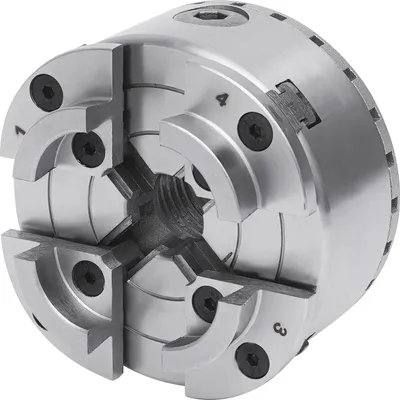 Immagine prodotto di Mandrino autocentrante a 4 ganasce - Mandrino per tornitura del legno - Filettatura M33 - Ø 96 mm - Campo di serraggio esterno 45–81 mm, interno 32–67 mm - Materiale: acciaio 40Cr - Max 3000 giri/min - Argento