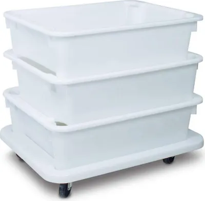 Produktbild von Set - 3 x Drehstapelbehälter 80 Liter / 800 x 600 x 220 mm, weiß, inkl. Transportroller