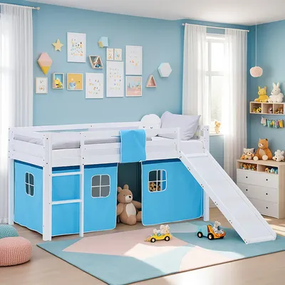 A child's bedroom with a loft bed, slide, and tent attachment.