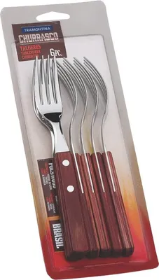 Obrázok produktu pre Tramontina vidlička na steaky a pizzu, sada 6 kusov, nerezová oceľ, červená drevená rukoväť, 20