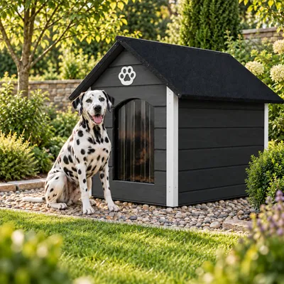 Image de Abri pour chien QLS, dimensions 104x74 cm, taille XL, isolé, en bois, pour l'extérieur, couleur gris et blanc, référence 9065, Image générée par une IA