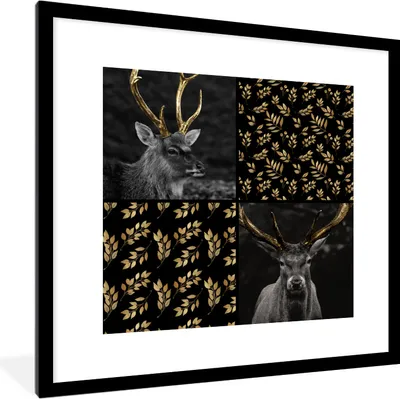 Produktbild von MuchoWow® MuchoWow® Gerahmtes Poster Collage - Tiere - Blätter - Gold 40x40 cm - Poster mit zchwarzem Bilderrahmen - Poster - Plakat im Rahmen