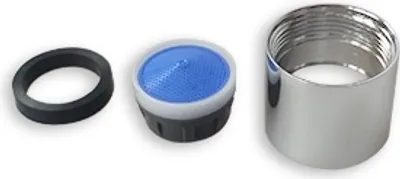 Three faucet aerator components laid out on a white background.