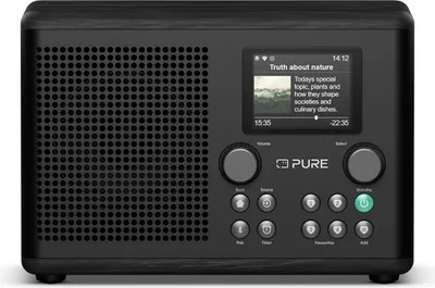 A black PURE brand DAB+ internet radio with a screen displaying text and an image.