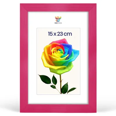Produktbild von MG Design Bilderrahmen 15 x 23 cm - Fotorahmen mit Rosa Holzrahmen (Echtholz) und bruchsicherem Acrylglas, Hoch & Quer zum Aufhängen, zum Aufstellen