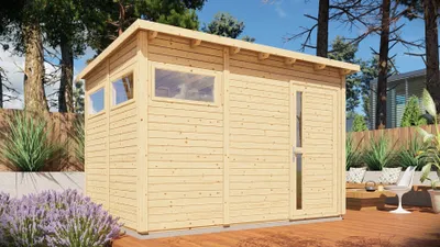 Produktbild von Gartenhaus Kiel 03 inkl. Fußboden, Naturbelassen - 19 mm Elementgartenhaus, Nutzfläche: 7,70 m², Flachdach