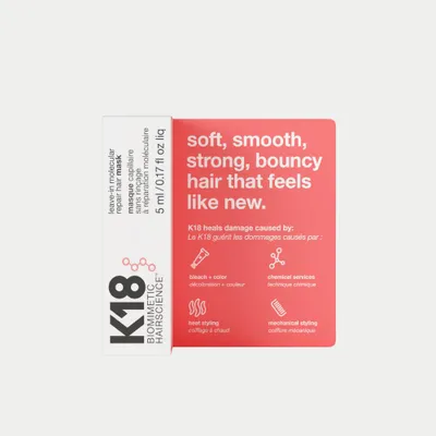 A product shot of a K18 Leave-In Molecular Repair Hair Mask box.