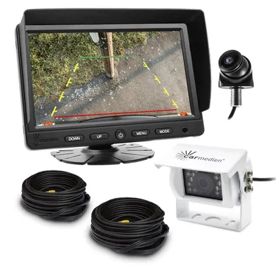 Produktbild von Carmedien Rückfahrsystem Toter Winkel CM-RFSTWK1 mit Rückfahrkamera und Weitwinkel Minikamera 7“ TFT Monitor 12V 24 Volt