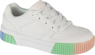 A white sneaker with a colorful sole.