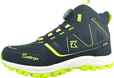 A single black and neon yellow hiking boot is shown against a white background.