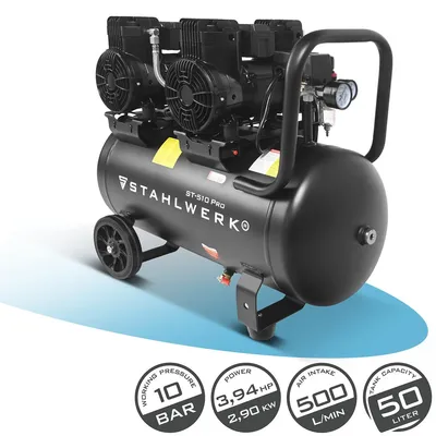 Zdjęcie produktu dla Kompresor STAHLWERK ze zbiornikiem 50 litrów (ST-510 Pro) - bezolejowy, 10 bar, kompresor powietrza, silniki bezszczotkowe, 3,94 KM, 2,9 kW, 500 l/min cichy kompresor