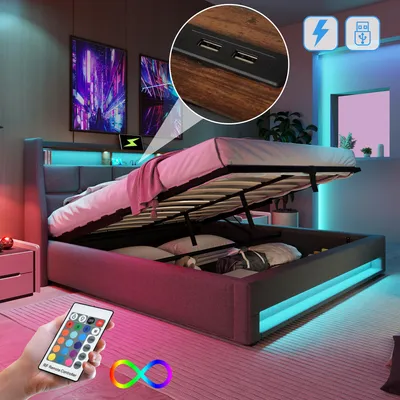 Produktbild von Flieks Polsterbett 180x200cm mit USB, Jugendbett Doppelbett mit Lattenrost und Stauraum, Stauraumbett mit LED, Leinen, Grau