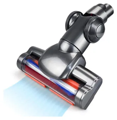 A close-up shot of a vacuum cleaner attachment with a brush roll and a blue airflow effect.