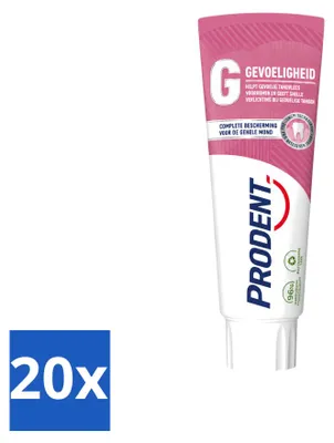 Imagen del producto de 20 tubos de pasta dental Prodent para dientes sensibles, con tecnología Pro-Zinc, de 75 ml. Paquete económico con 20 unidades