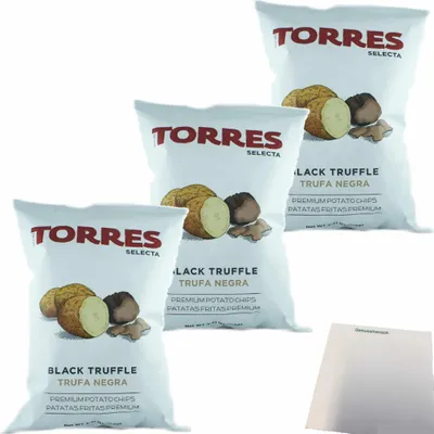 Produktbild von Torres Selecta Trufa Negra Premium Kartoffelchips "mit Schwarzem Trüffel" 3er Pack (3x125g Beutel) + usy Block