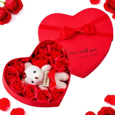 Kunstrose mit Teddybär in Herzbox, romantisches Geschenkset