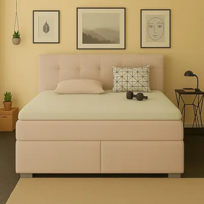 Produktbild von Boxspringbett TOM 140 x 200 cm mit Matratze und gepolstertem Kopfteil. Farbe Beige