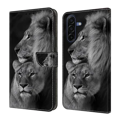 Produktbild von CLM-Tech Handyhülle kompatibel mit Samsung Galaxy A17 5G Hülle - Tasche aus Kunstleder - Klapphülle mit Ständer und Kartenfächern - Schutzhülle Wallet Case Cover Löwe in schwarz grau