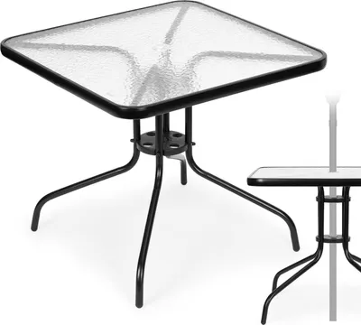 Zdjęcie produktu dla Stół ogrodowy 80x80 cm, na taras, do ogrodu, na balkon, szkło hartowane, otwór na parasol, MultiGarden