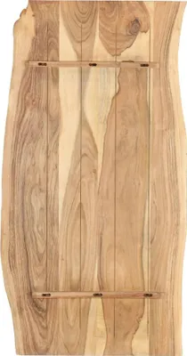 A close-up view of a wooden table top with a live edge.
