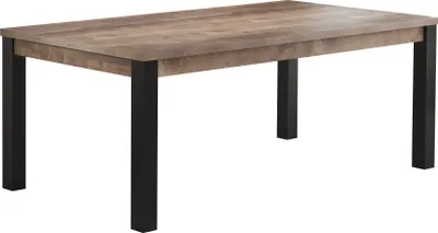 A rectangular dining table with a wood-grain top and black legs, isolated on a white background.