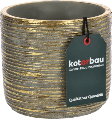A decorative ceramic pot with a textured gold and gray finish, featuring a product tag.