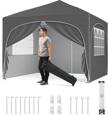 Image de Tente pliante COSTWAY 3 x 3 m avec 4 parois latérales amovibles, tente pop-up avec protection UV, imperméable, tente de jardin, pavillon de jardin avec sac, gris